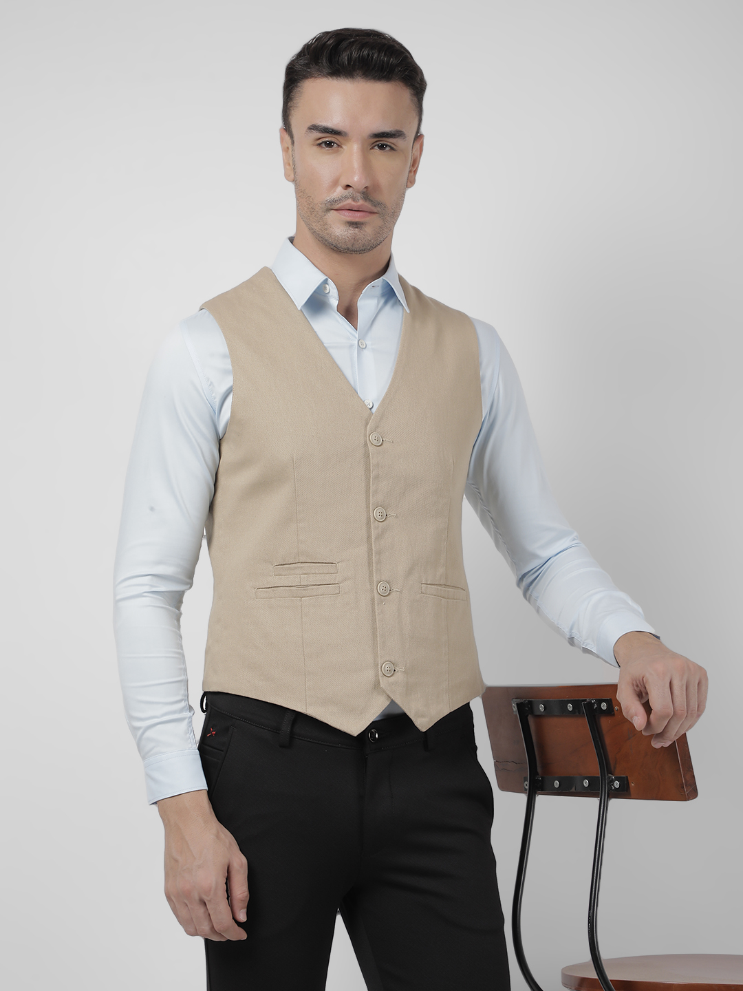 Numero Uno Men Beige Sleeveless V-Neck Waistcoat